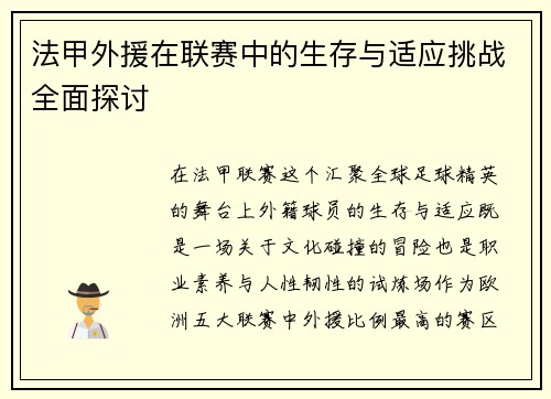 法甲外援在联赛中的生存与适应挑战全面探讨